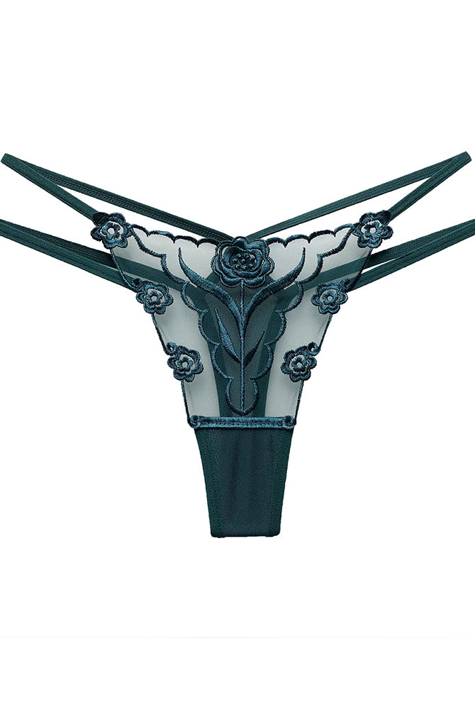 Green Rose Embroidery Thong Mesh Panties with floral embroidery and sheer mesh.