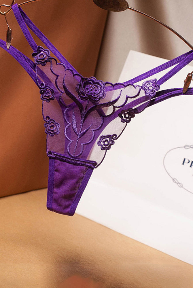 Purple Rose Embroidery Thong Mesh Panties with floral embroidery and sheer mesh, feminine design