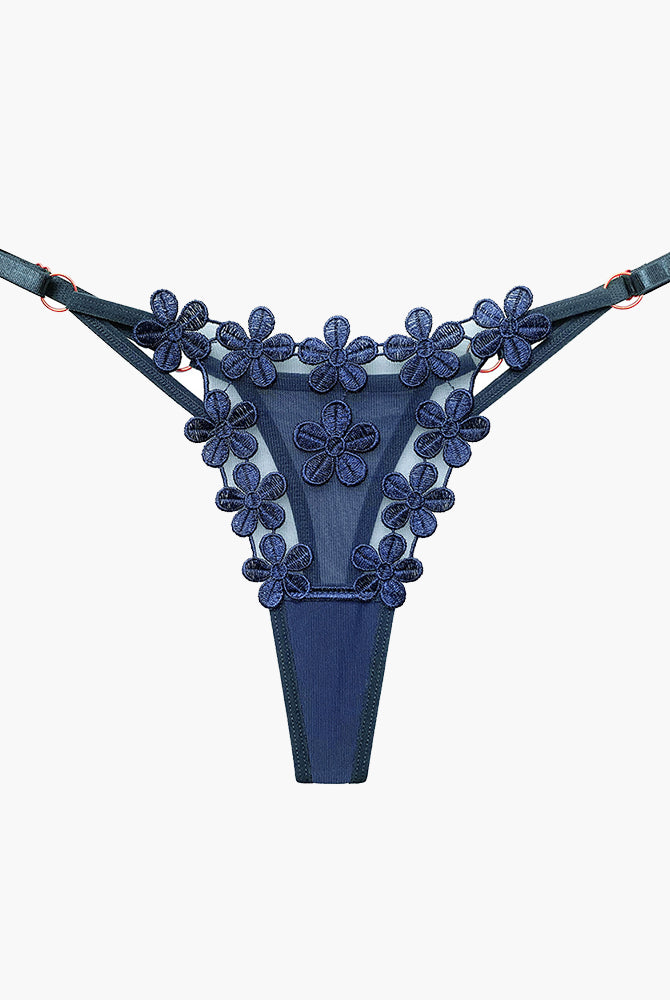 Navy blue floral embroidery mesh lace thong panty, sexy lingerie for women, floral patchwork design