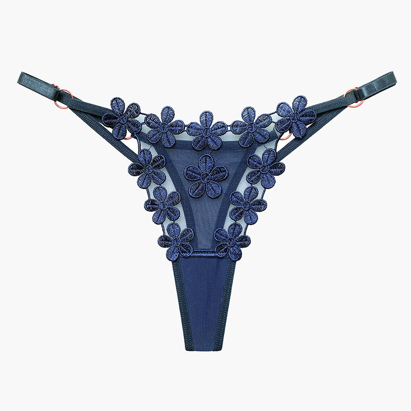 Navy blue floral embroidery mesh lace thong panty, sexy lingerie for women, floral patchwork design