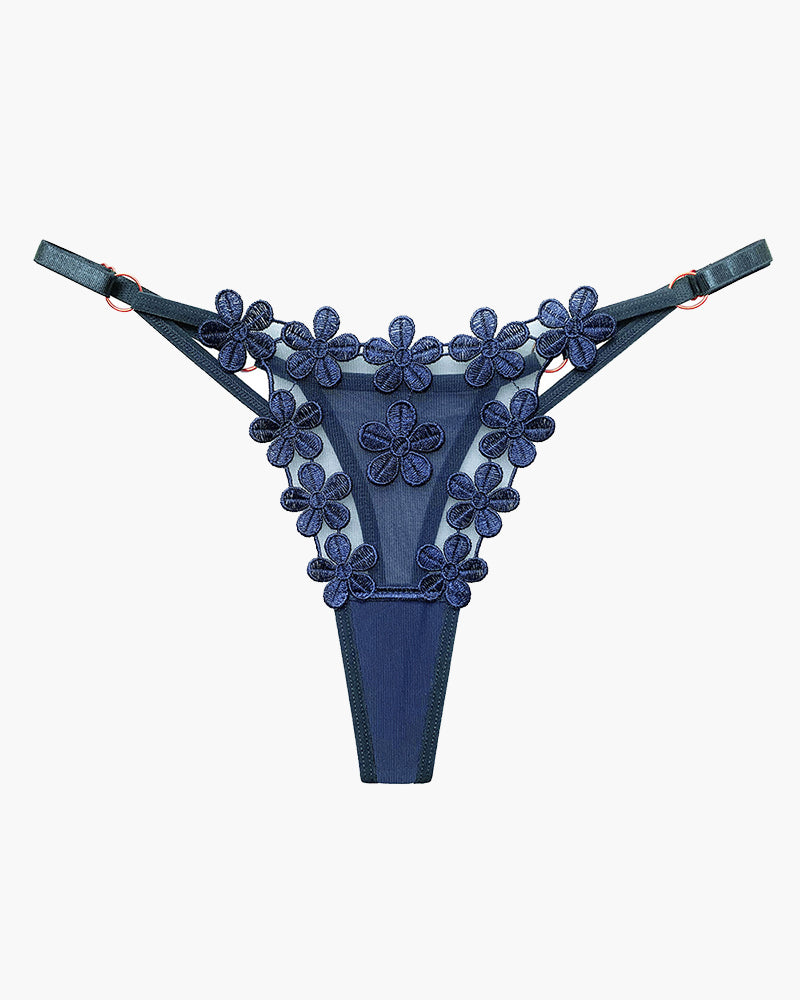 Navy blue floral embroidery mesh lace thong panty, sexy lingerie for women, floral patchwork design