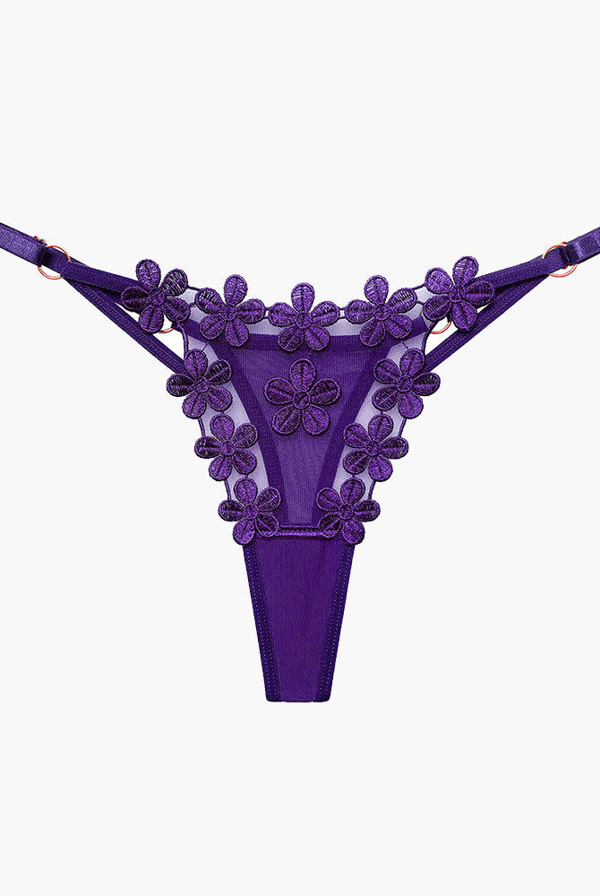 Purple floral lace thong panties with flower embroidery, sexy lingerie for women, mesh patchwork