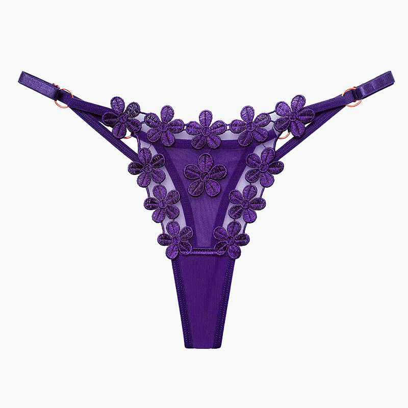 Purple floral lace thong panties with flower embroidery, sexy lingerie for women, mesh patchwork