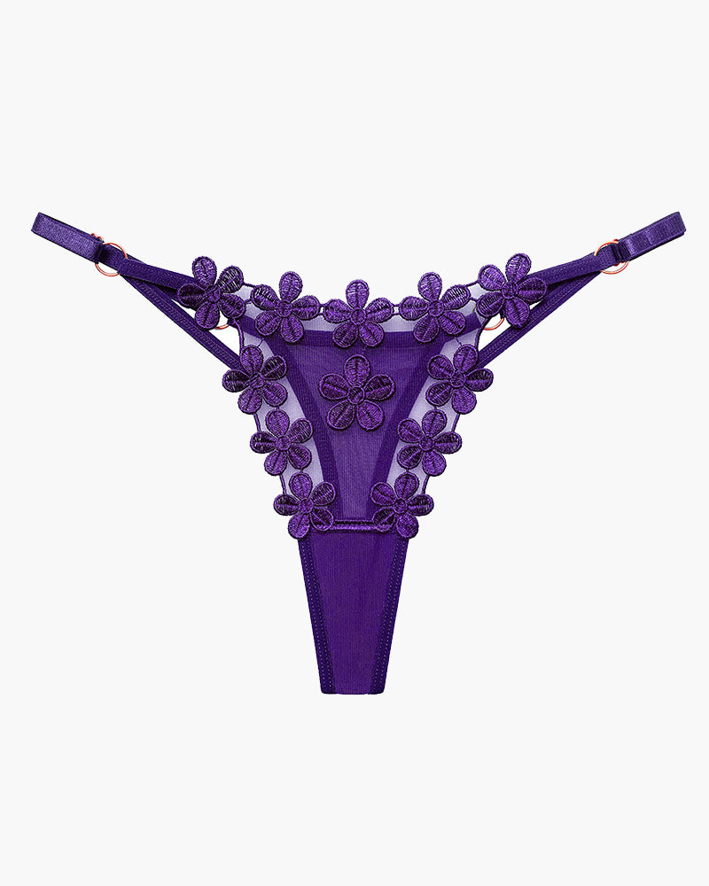 Purple floral lace thong panties with flower embroidery, sexy lingerie for women, mesh patchwork