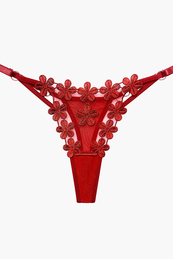 Red floral lace thong panties with flower embroidery, sexy lingerie for women, mesh patchwork design