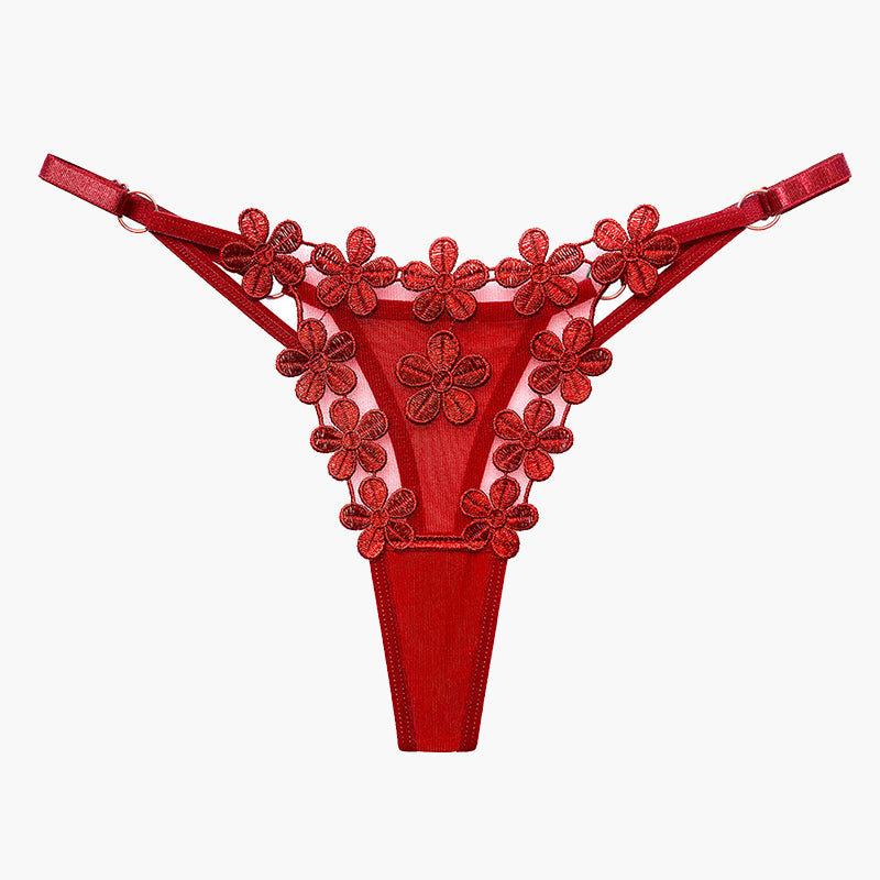 Red floral lace thong panties with flower embroidery, sexy lingerie for women, mesh patchwork design