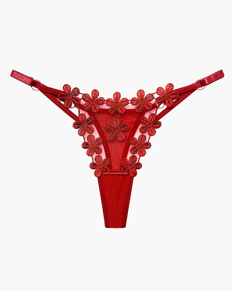Red floral lace thong panties with flower embroidery, sexy lingerie for women, mesh patchwork design
