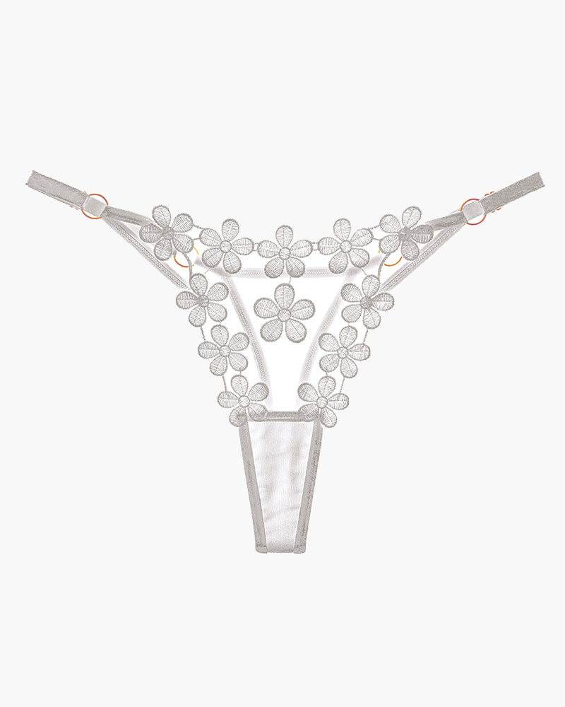 White floral lace thong panties with flower embroidery, mesh patchwork design