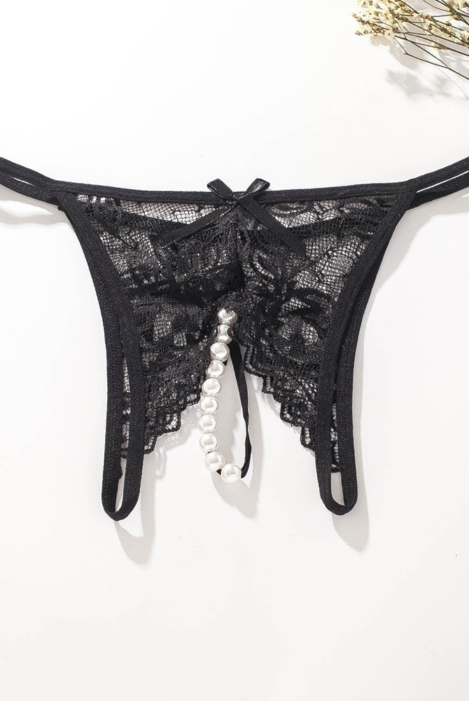 Black lace pearl G-string thong with low rise design and faux pearl accents