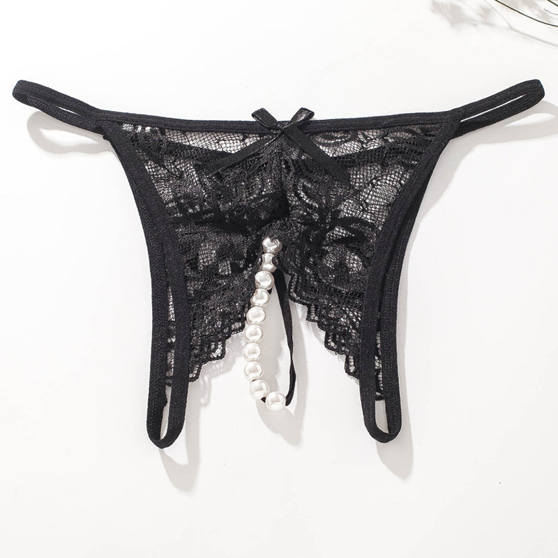 Black lace pearl G-string thong with low rise design and faux pearl accents