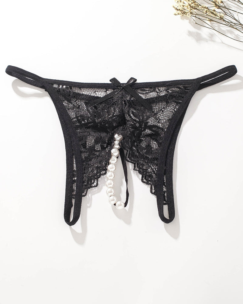 Black lace pearl G-string thong with low rise design and faux pearl accents