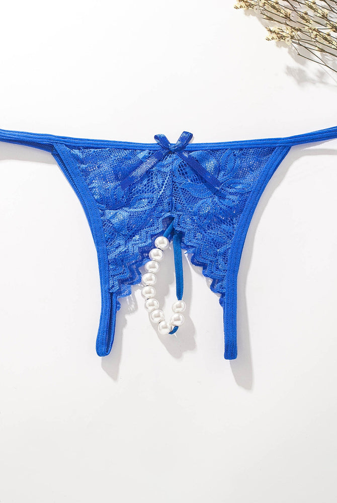 Blue lace pearl G-string thong with low rise design and faux pearl accents, sexy lingerie