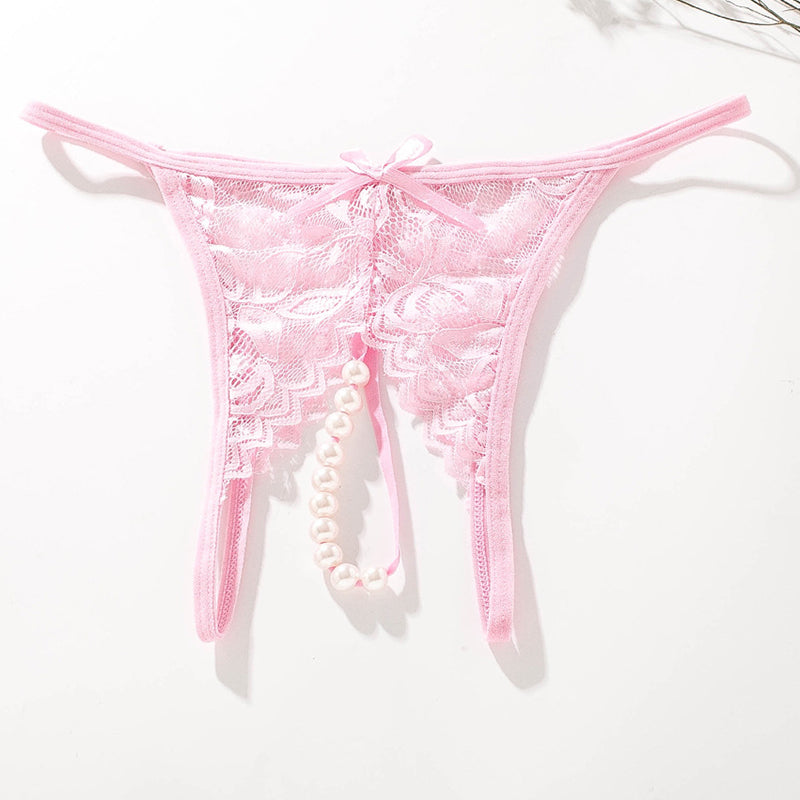 Pink lace pearl G-string thong with low rise, bow, and faux pearl accents. Sexy lingerie.