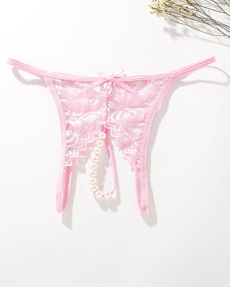 Pink lace pearl G-string thong with low rise, bow, and faux pearl accents. Sexy lingerie.