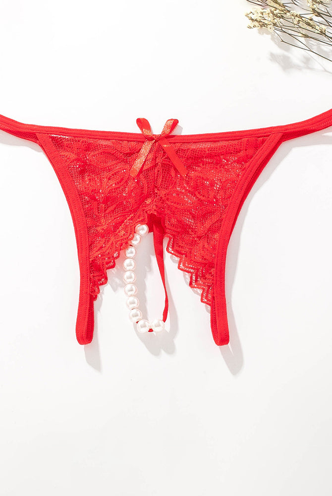 Red lace pearl G-string thong with low rise, bow, and faux pearl accents. Sexy lingerie.