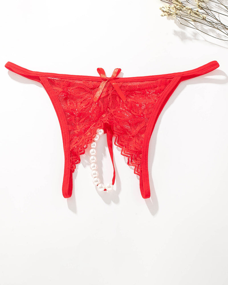 Red lace pearl G-string thong with low rise, bow, and faux pearl accents. Sexy lingerie.