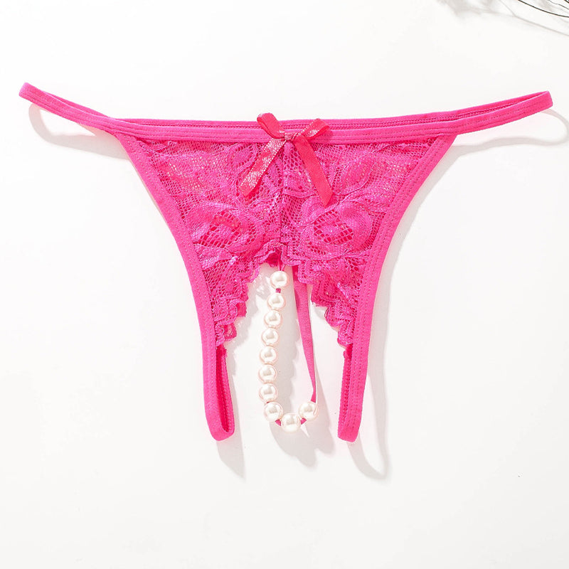 Pink lace pearl G-string thong. Low rise, bow detail, and faux pearls. Sexy lingerie.
