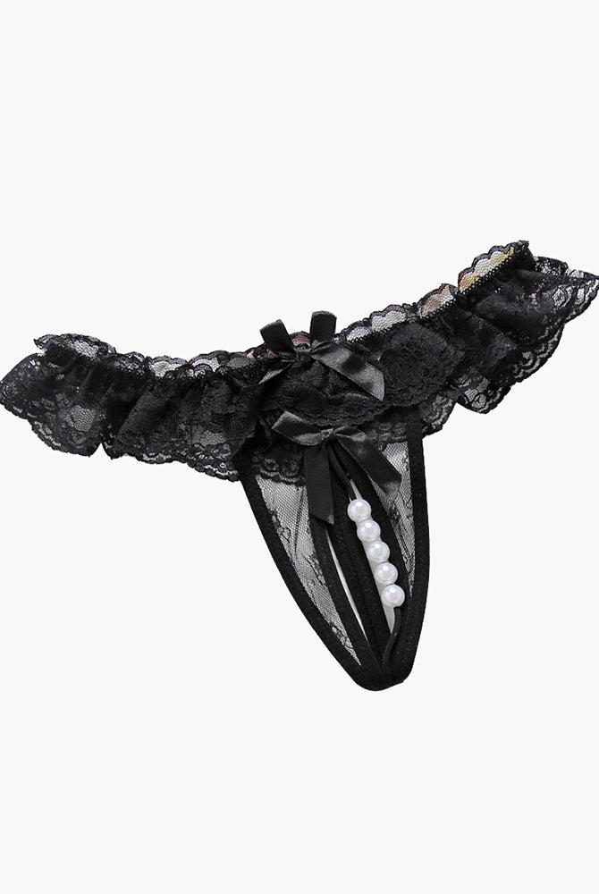 Black beaded lace crotchless panty with faux pearls and bows, low rise lingerie