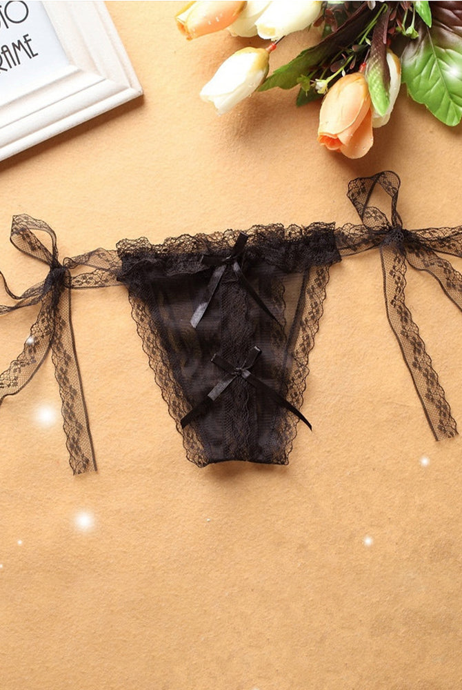 Black lace crotchless thong with ribbon ties and lace details for a sexy and comfortable fit.
