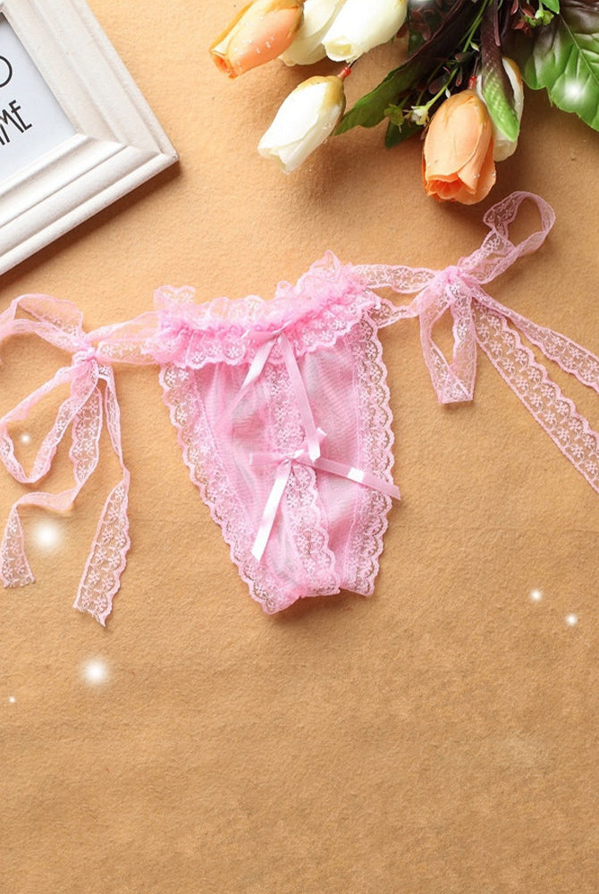 Pink lace crotchless thong panty with ribbon ties and lace details, sexy lingerie