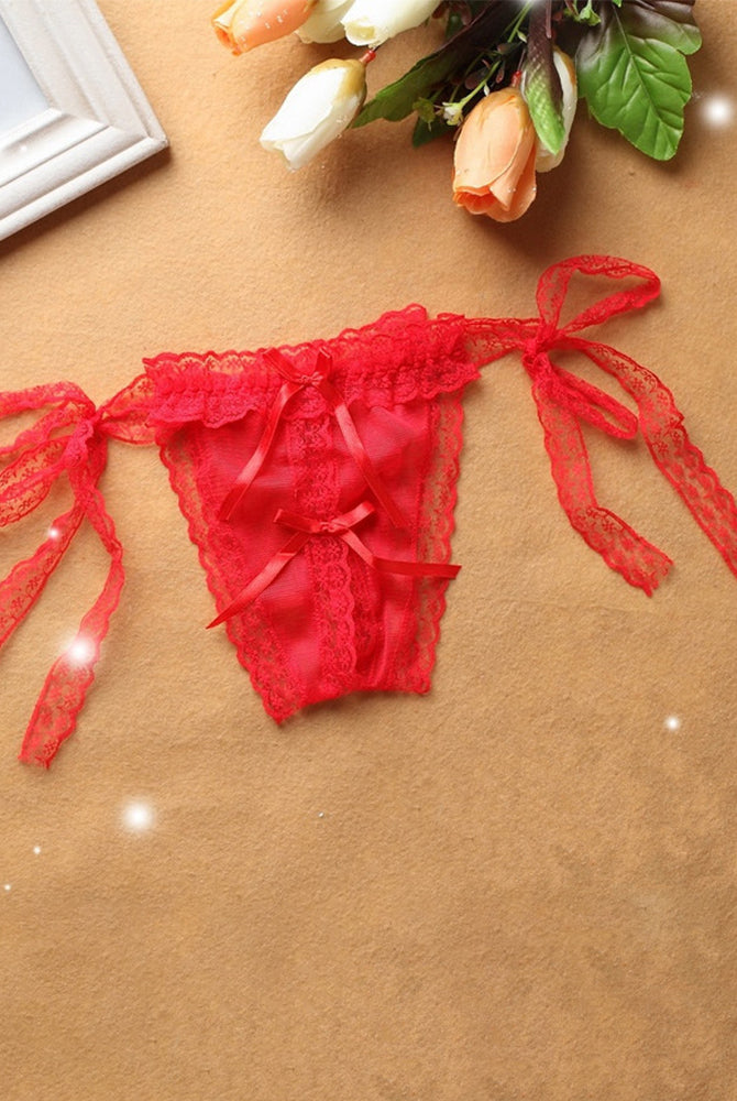 Red lace crotchless thong panty with ribbon ties and lace details, sexy lingerie for women