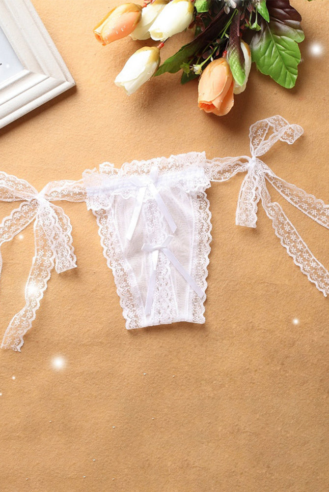 White lace crotchless thong panty with ribbon ties and lace details, sexy lingerie