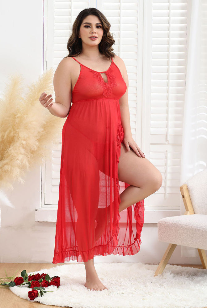 Plus Size Red Lace Mesh Nightgown with Side Slit, Sexy Lingerie, See-through design