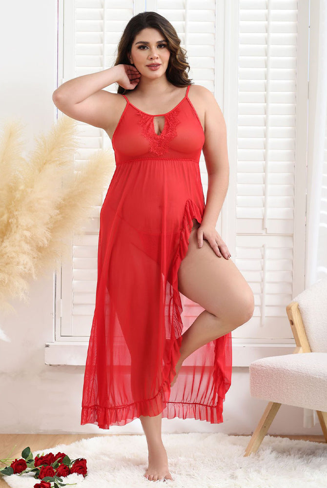 Plus Size Red Mesh Nightgown with Side Slit and Lace Trim