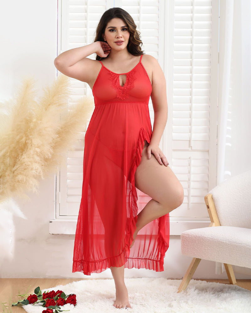 Plus Size Red Mesh Nightgown with Side Slit and Lace Trim