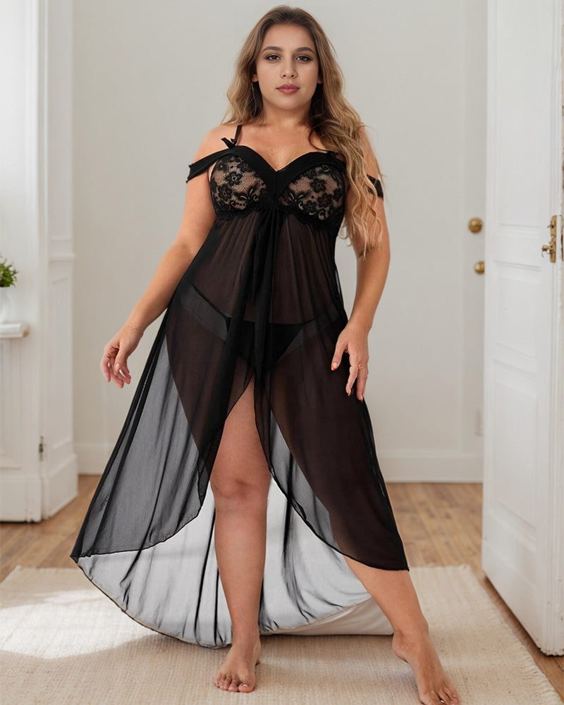 Plus size black lace nightgown with deep V-neck and adjustable straps, model posing