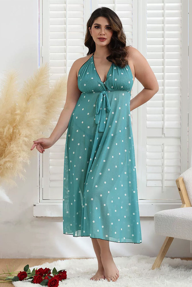 Plus Size Teal Polka Dot Halter Dress with Tie-up Detail