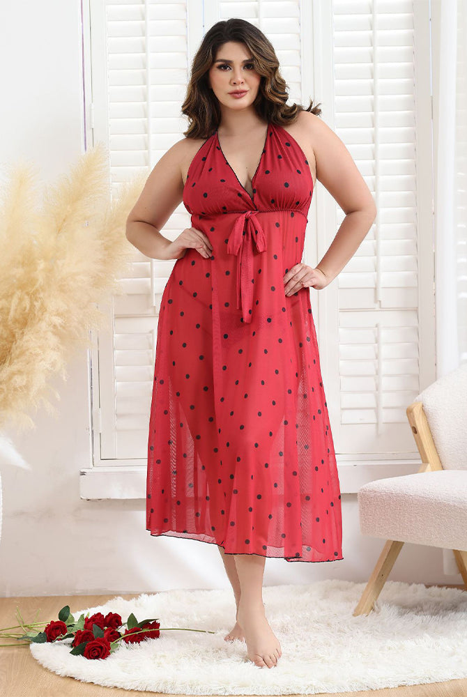 Plus Size Bow Tie Polka Dot Long Dress in Red. Sleeveless, V-neck, perfect for sleep and movement.