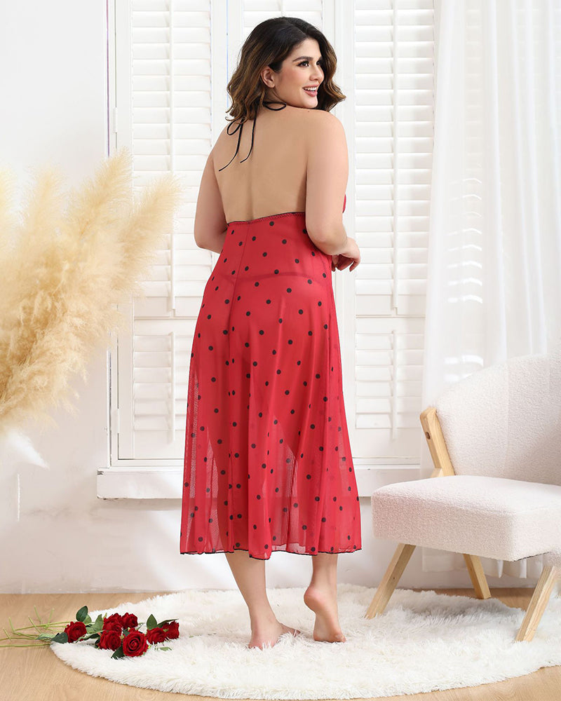 Plus Size Red Polka Dot Halter Dress, perfect for sleep and movement
