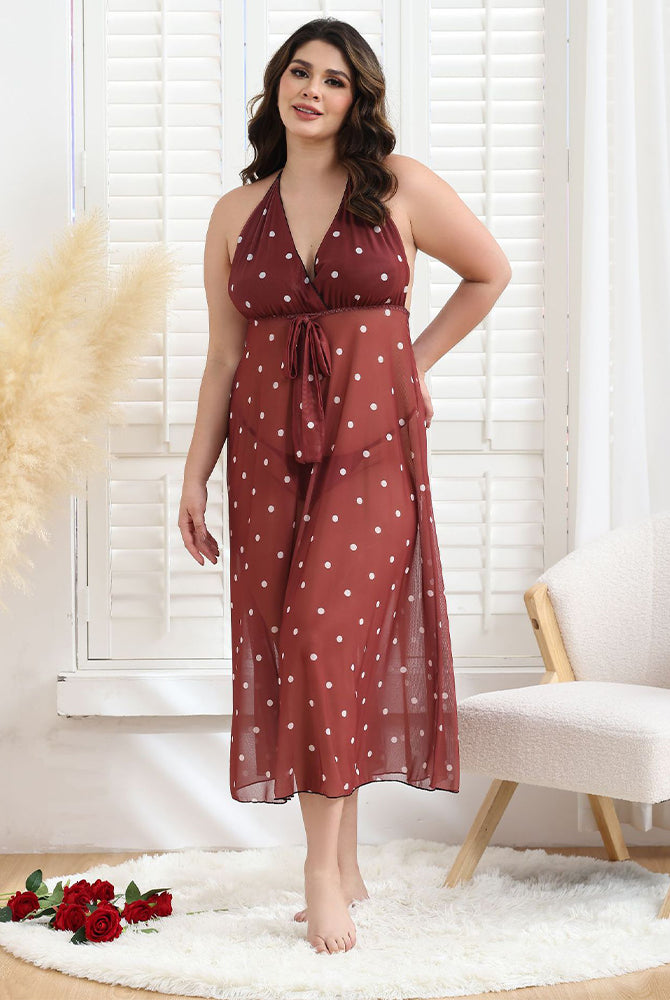 Plus Size Red Polka Dot Halter Dress, Sleeveless V-neck, perfect for sleep and movement
