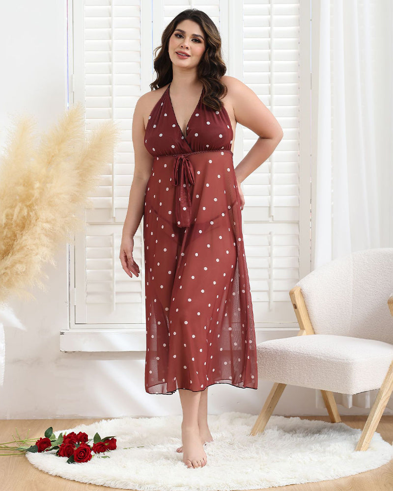 Plus Size Red Polka Dot Halter Dress, Sleeveless V-neck, perfect for sleep and movement