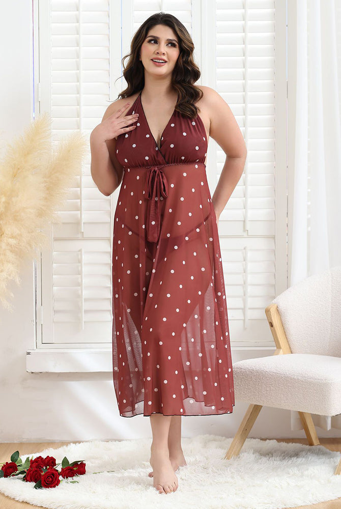 Plus Size Red Polka Dot Halter Dress, Sleeveless V-neck, perfect for sleep and movement, Avidlove