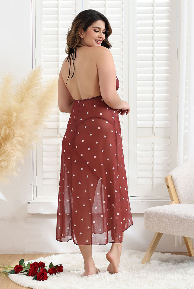 Plus Size Red Polka Dot Long Dress with Halter Neck and Tie-Up Detail
