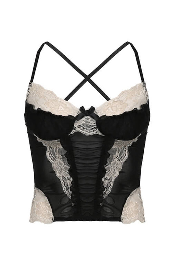 Black lace patchwork crop top with ruched bodice and cross-back. Sexy camisole.