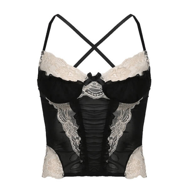 Black lace patchwork crop top with ruched bodice and cross-back. Sexy camisole.