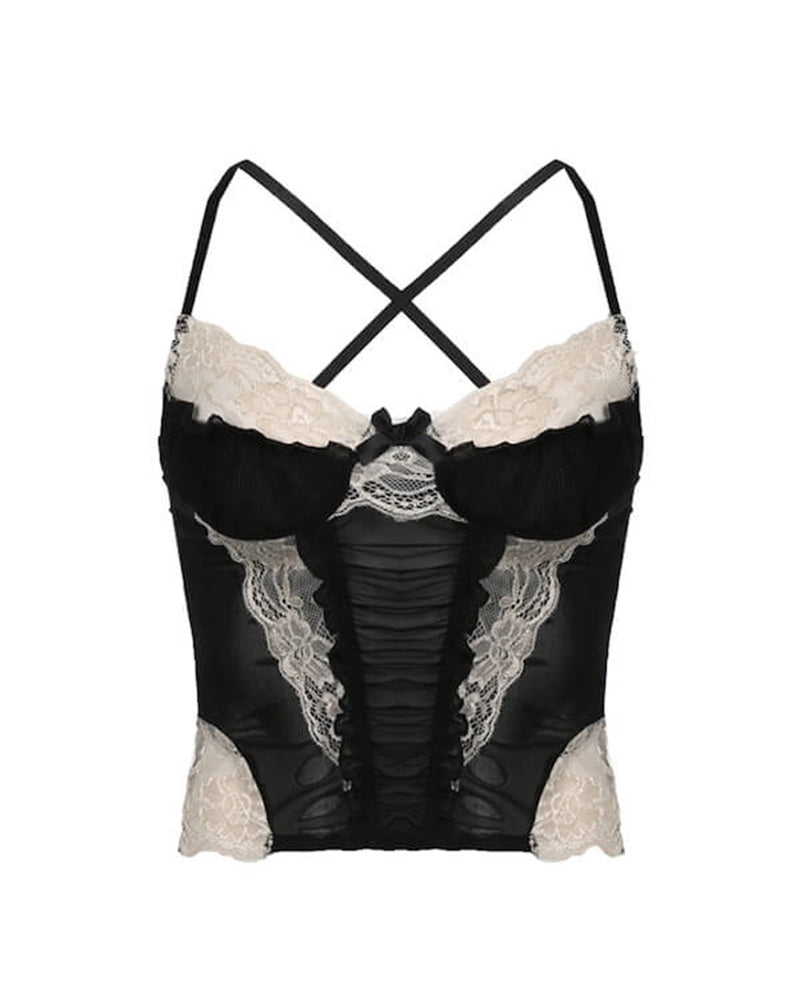 Black lace patchwork crop top with ruched bodice and cross-back. Sexy camisole.