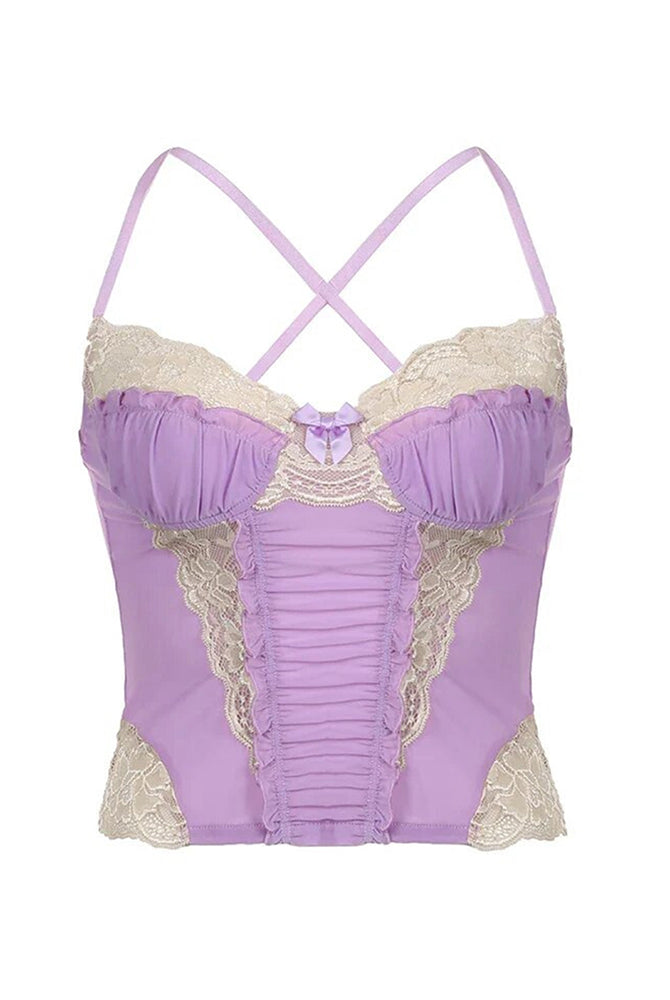 Lavender patchwork crop top with lace, cross-back. Sexy camisole, boho beach outfit.