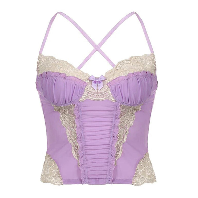 Lavender patchwork crop top with lace, cross-back. Sexy camisole, boho beach outfit.