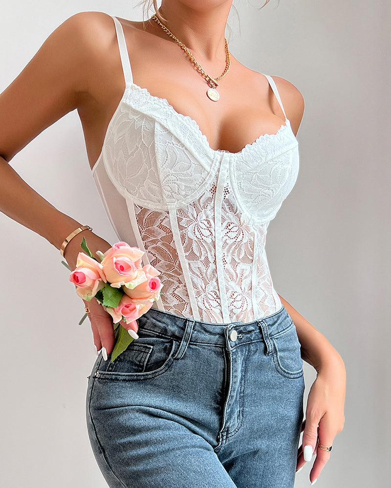 White floral lace mesh bustier bodysuit with sweetheart neckline, perfect for various occasions.