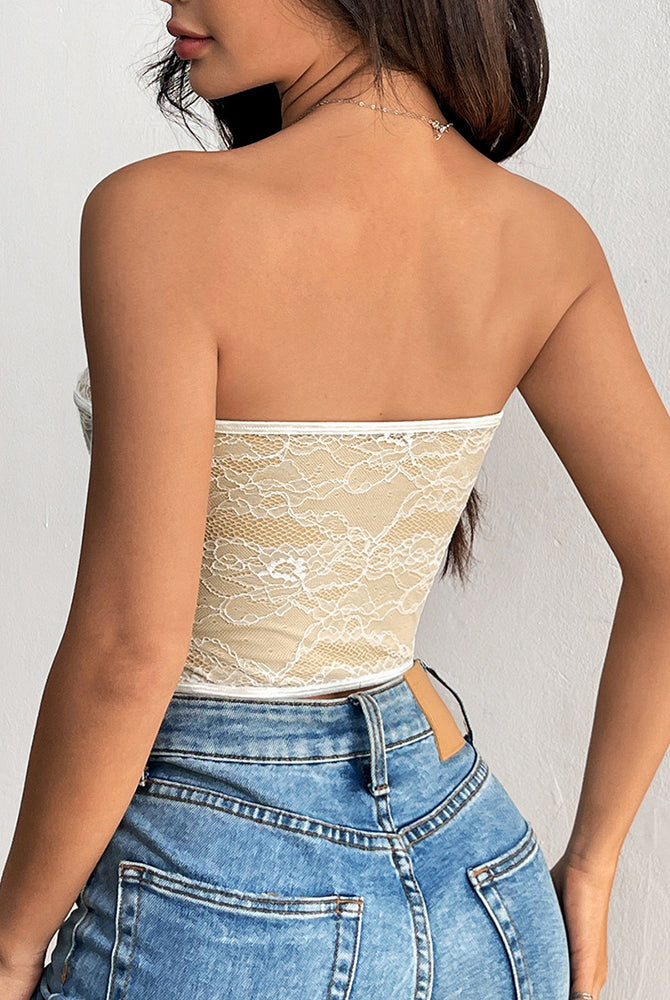 Beige lace strapless corset bustier, slim fit, perfect for a confident look.