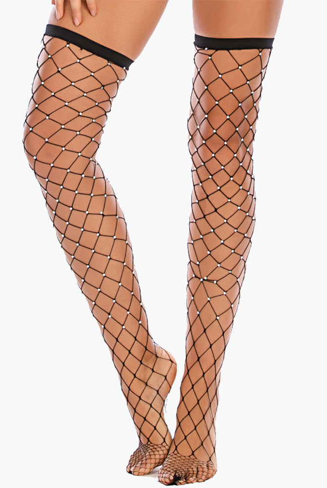 Black rhinestone fishnet knee high stockings, sheer, lace trim, perfect for a sexy look.