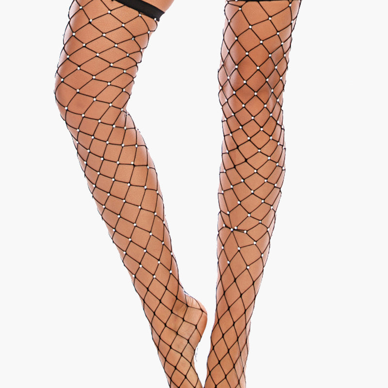 Black rhinestone fishnet knee high stockings, sheer, lace trim, perfect for a sexy look.