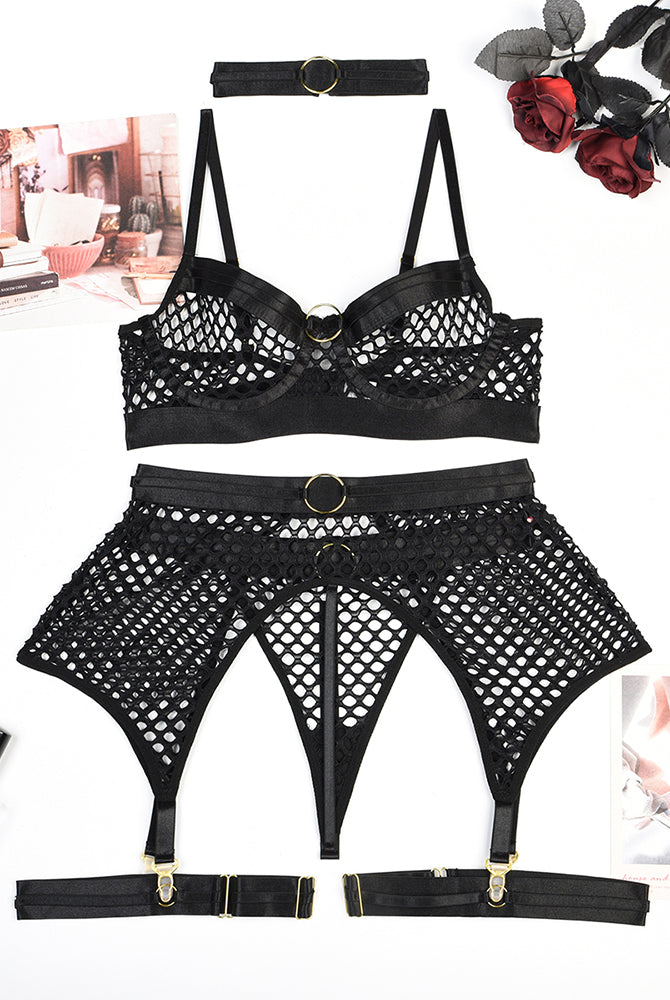 Avidlove black fishnet lingerie set with garter belt and choker. Sexy lingerie for perfect curves.