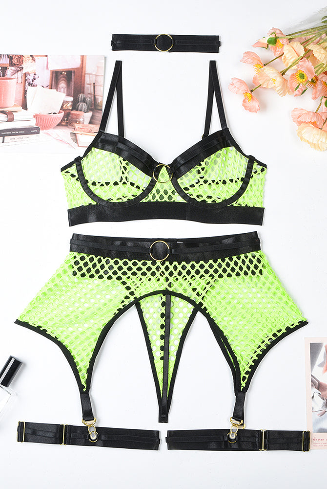 Neon green fishnet lingerie set with black accents and garter belt, perfect for showing curves