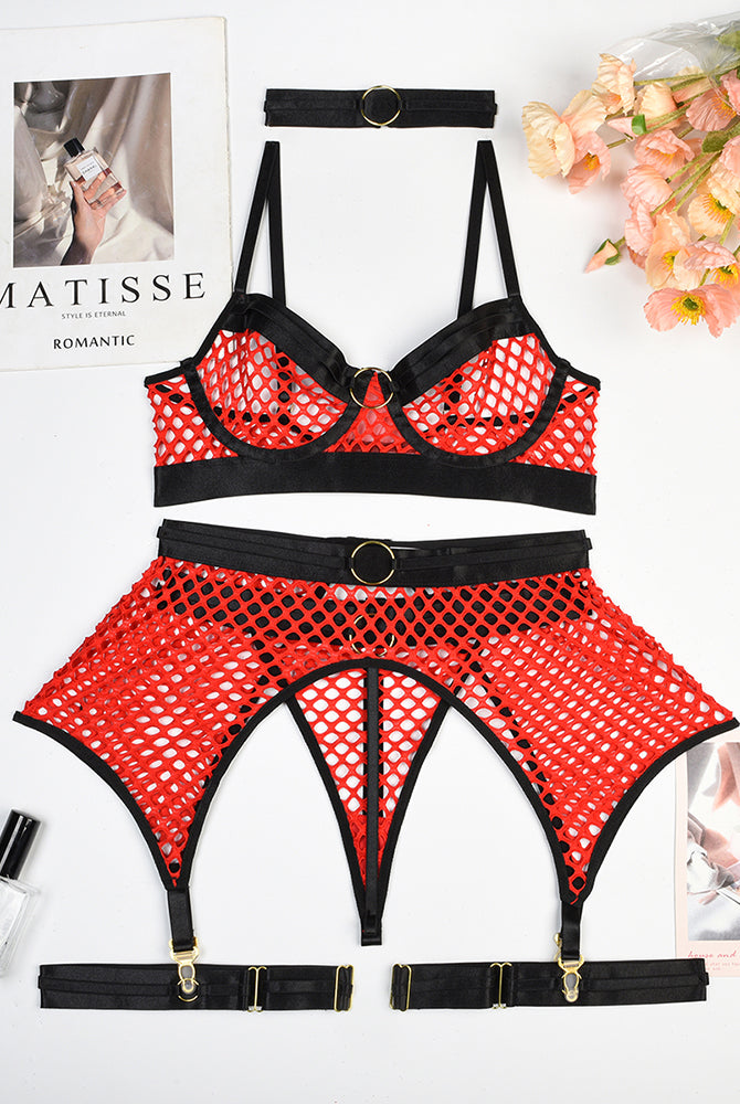 Red fishnet lingerie set with black accents, garter belt, and choker. Avidlove sexy lingerie.