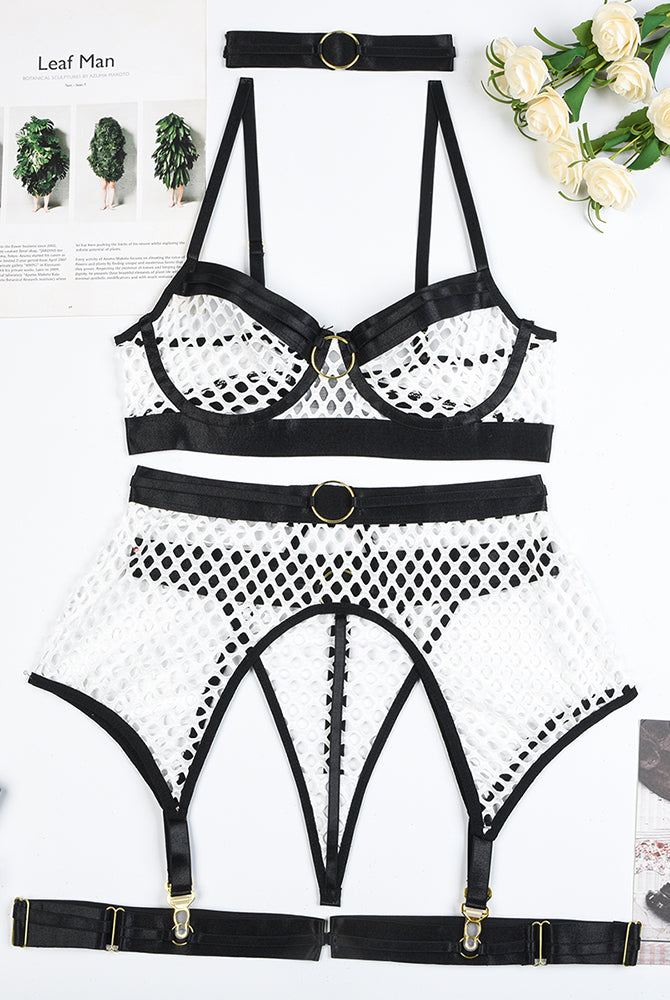 White fishnet mesh bra and panty set with black trim and garter belt, sexy lingerie for women